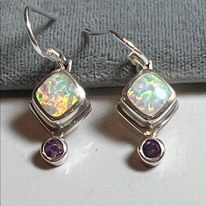 Vintage Estate, Sterling Silver 925, opal and faceted amethyst dangle earrings